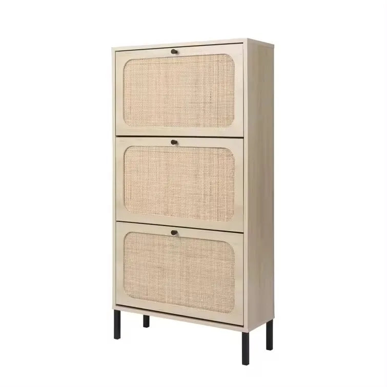 New Design Living Room Entryway Slim Narrow Hidden Wood Natural Rattan Shoe Storage Cabinet With 3 Flip Drawers