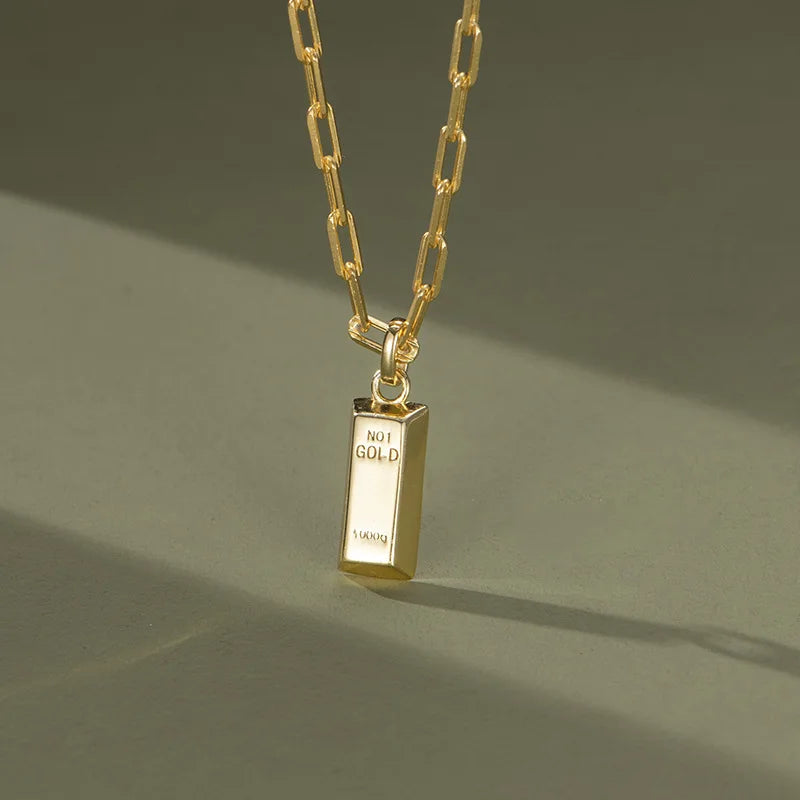 925 Sterling Silver Gold Brick Cuboid Men Necklaces Geometric 18K Gold Necklace  Couples Fine Jewelry Necklaces for Women