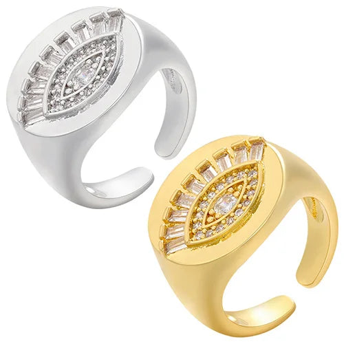 RM1519 New Arrival Fashion Gold Silver Plated Brass Cubic Zirconia CZ Baguette Evil Eyes Signet Rings
