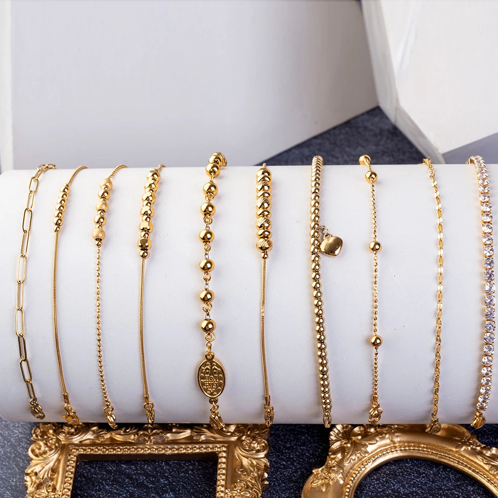 Batch Custom Unique Fashion Jewelry Stainless Steel Gold Plated Adjustable Bead Chain Paper Clip Chain Bracelet for Women