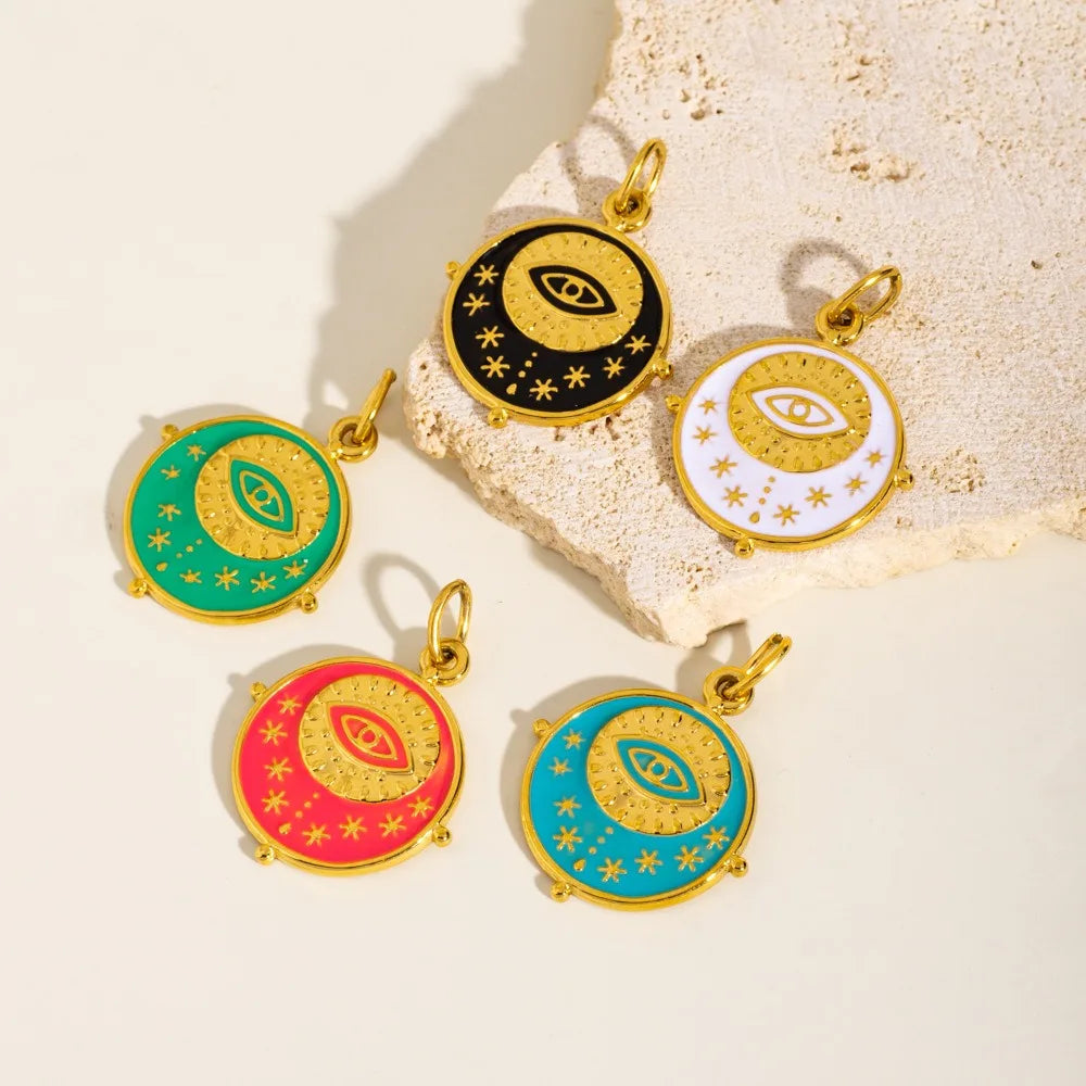 18K Gold Plated Stainless Steel Eye Pendant Charm round Textured with Zircon Turkish Style Enamel for Jewelry