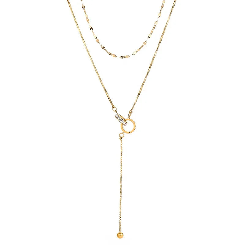 Sparkling Zircon Double Cascade Wear Necklace Female Clavicle Chain Fish Mouth Chain Roman Double Ring Titanium Steel Necklace