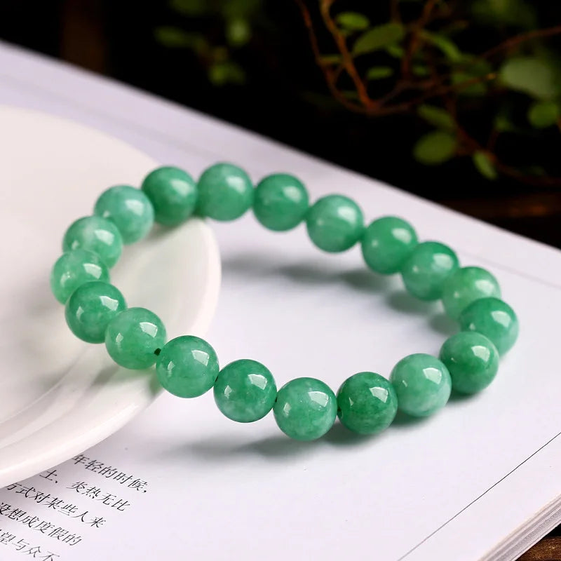 Natural Burmese Green Jade Round Beads Bracelet Women Stone Jewelry Gemstone Handmade Strand Beaded Bracelets