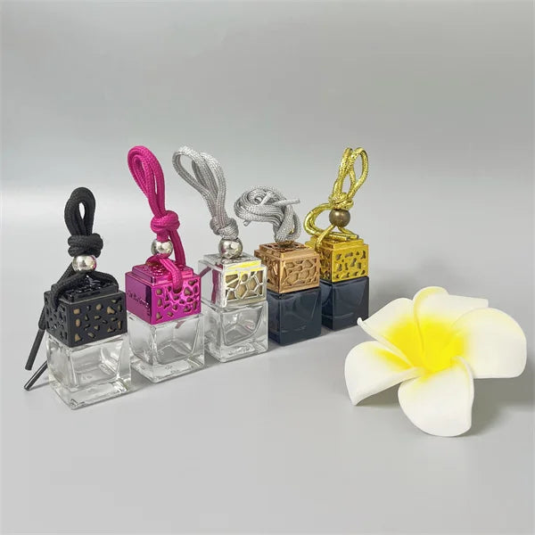 Empty  Square 8ml Car Glass Bottle air Freshener Perfume Hanging with Silver pink Black Gold Wooden Cap