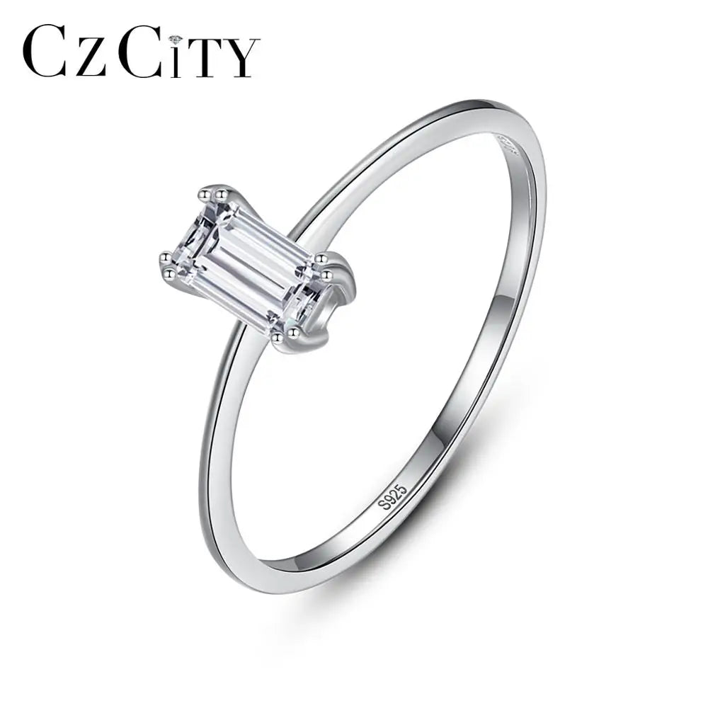 CZCITY Silver 925 Rings Thin Ring Cubic Zircon Jewelry Diamond Emerald Cut Women Wedding Eternity Rings