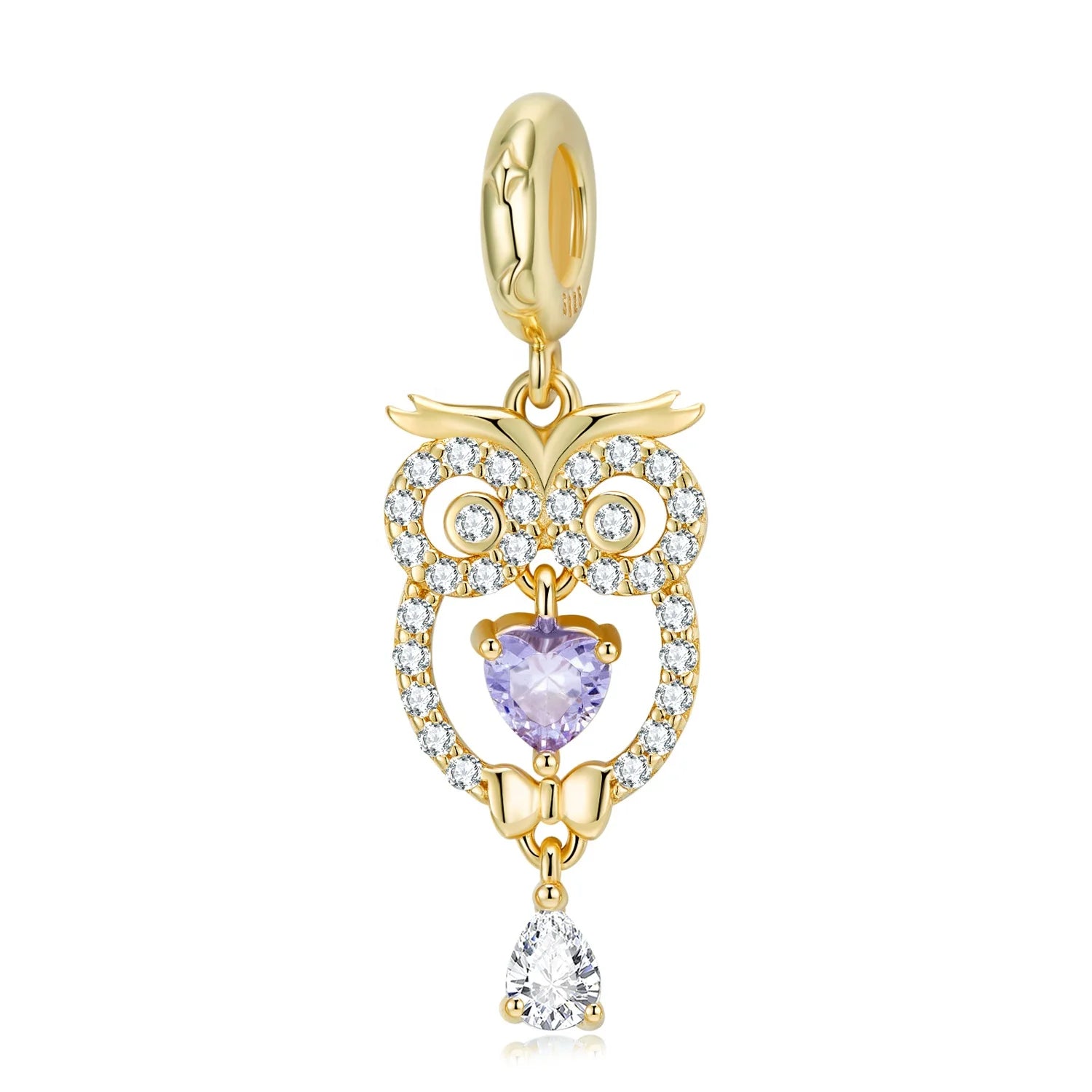 Elegant Bow Tie Owl with Purple clear Zircon Pendant Authentic 925 Sterling Silver Beads for Women Jewelry Charm Bracelet Making