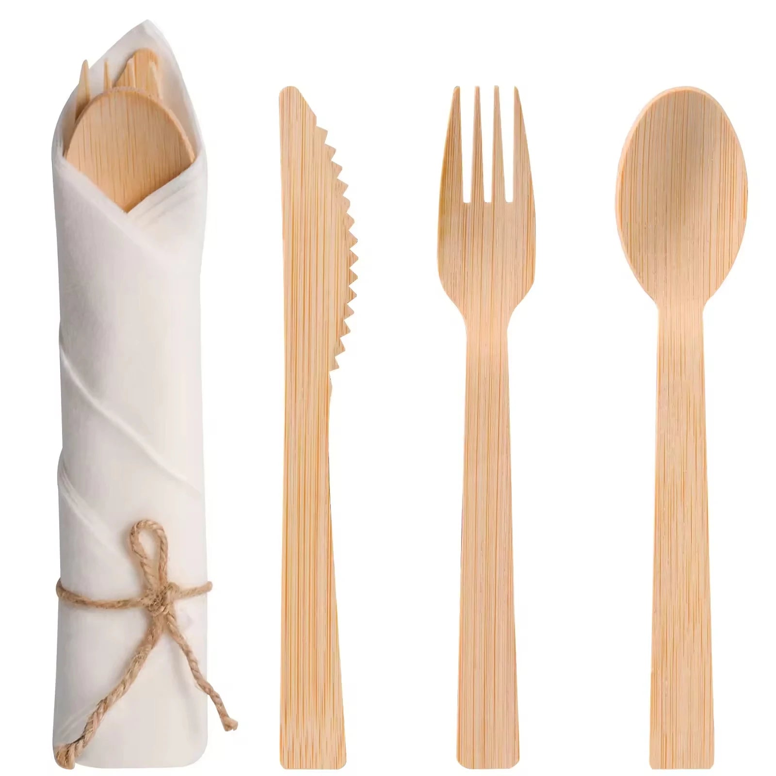Biodegradable Cutlery Sets Disposable Bamboo Spoon Wholesale Wooden Cutlery Dinnerware Set with Napkin