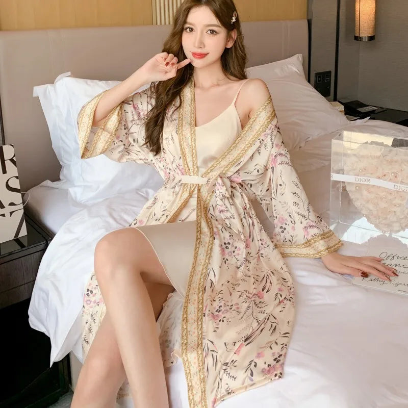 2023 Summer Women's Two-piece Pajamas Sexy Slip Night Dress Silk Sleepwear Satin Kimono Nightgown for Women Honeymoon