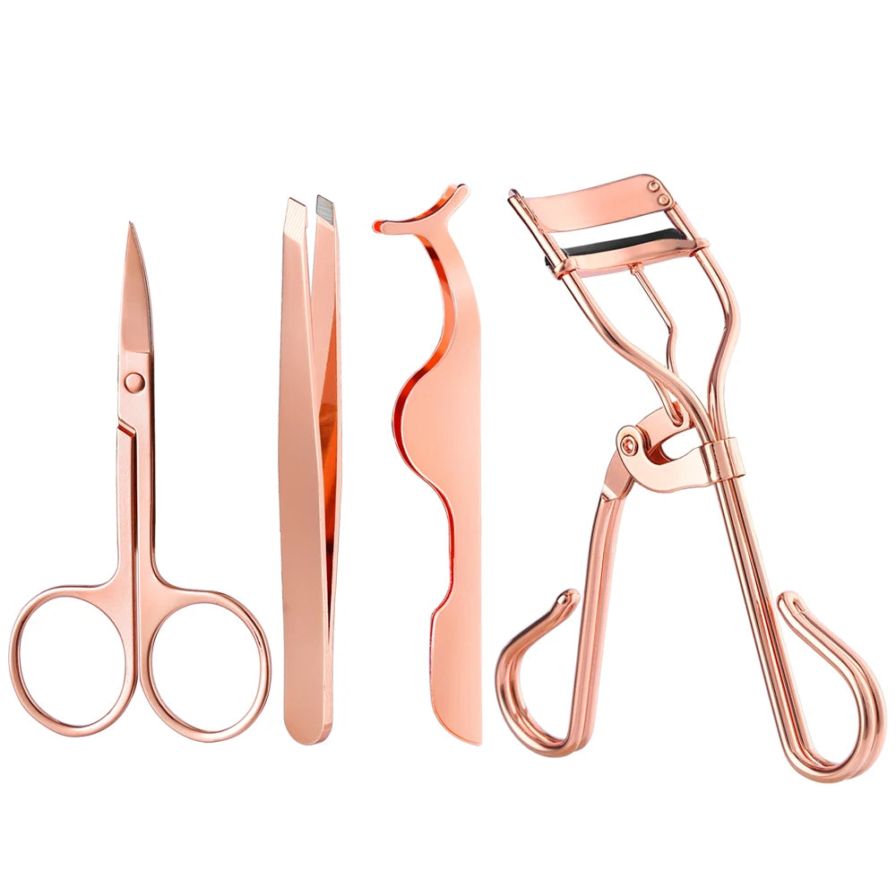 4-Piece Stainless Steel Heated Eyelash Curler and Eyebrow Tweezers Set in Rose Gold with Applicator Eyelash