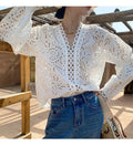 Ecoparty Solid Color Floral Embroidery Blouse Women's Long Sleeve V-Neck White Shirt  Spring/Summer New Shirt