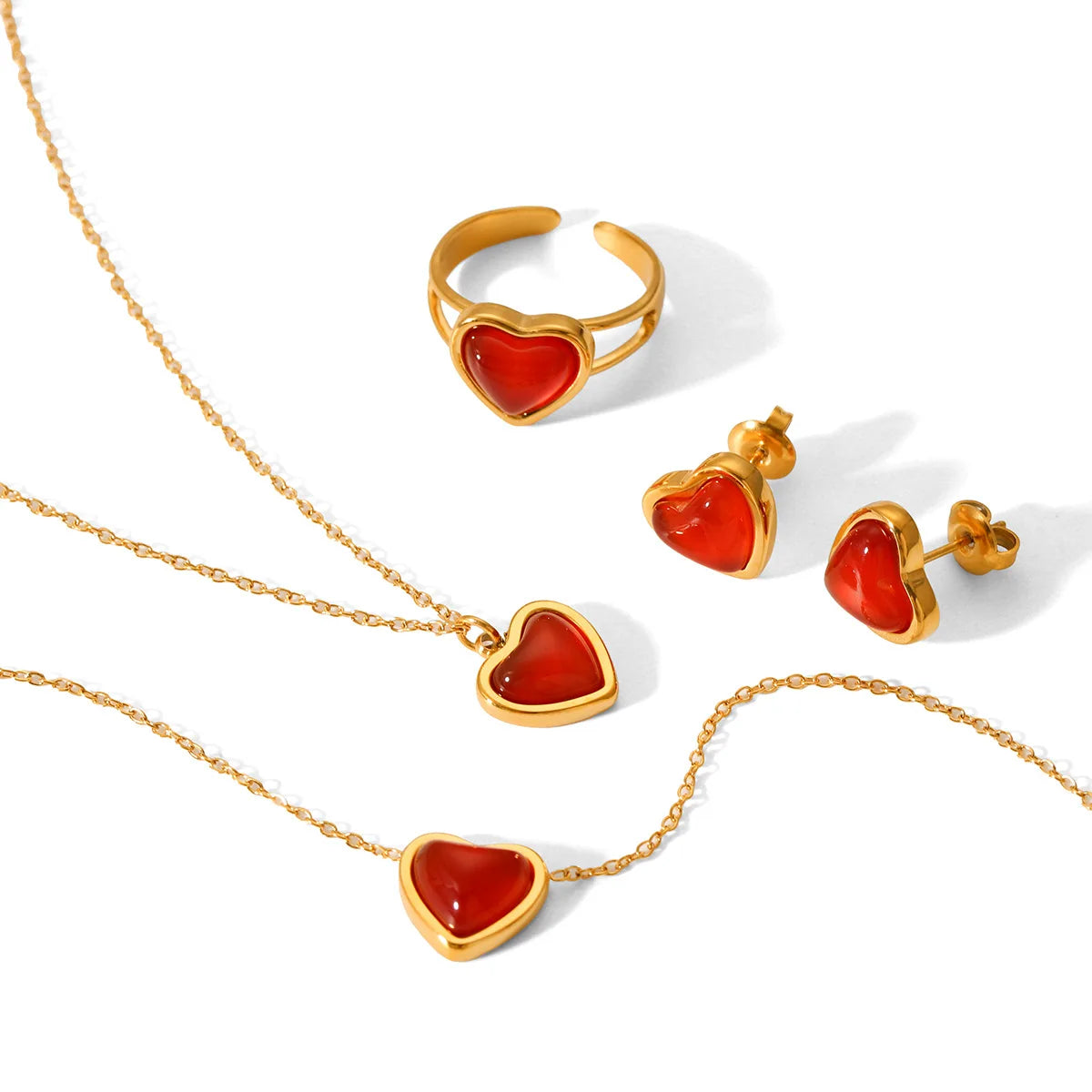 New Arrival Stainless Steel 18K Gold Plated Valentine's Day Gift Popular Agate Heart Waterproof Jewelry Set for Girls Gift