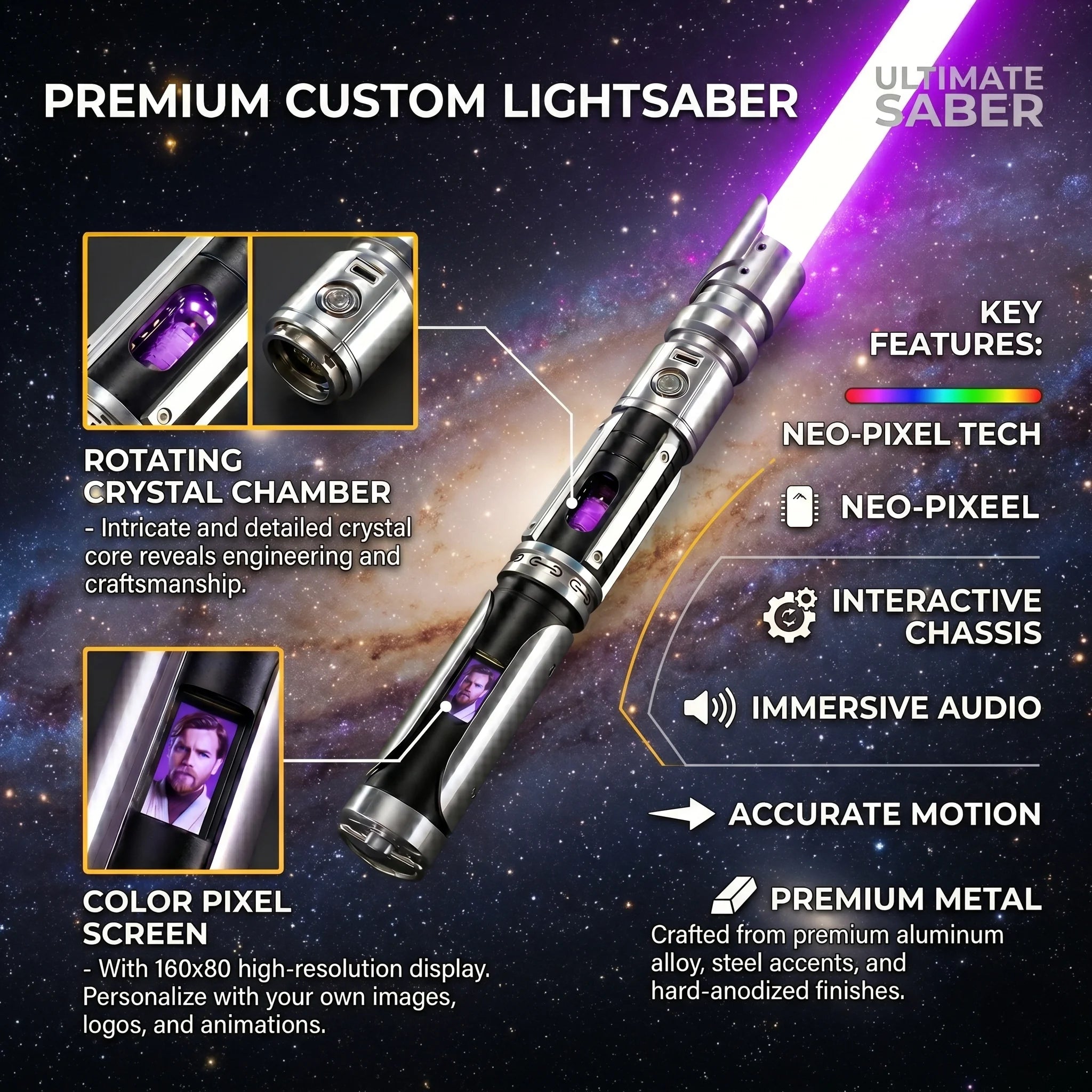 Neopixel Rotating Crystal Lightsaber LED Display Screen Metal Hilt Combat Light Saber Cosplay Collectible Toy Wholesale Factory