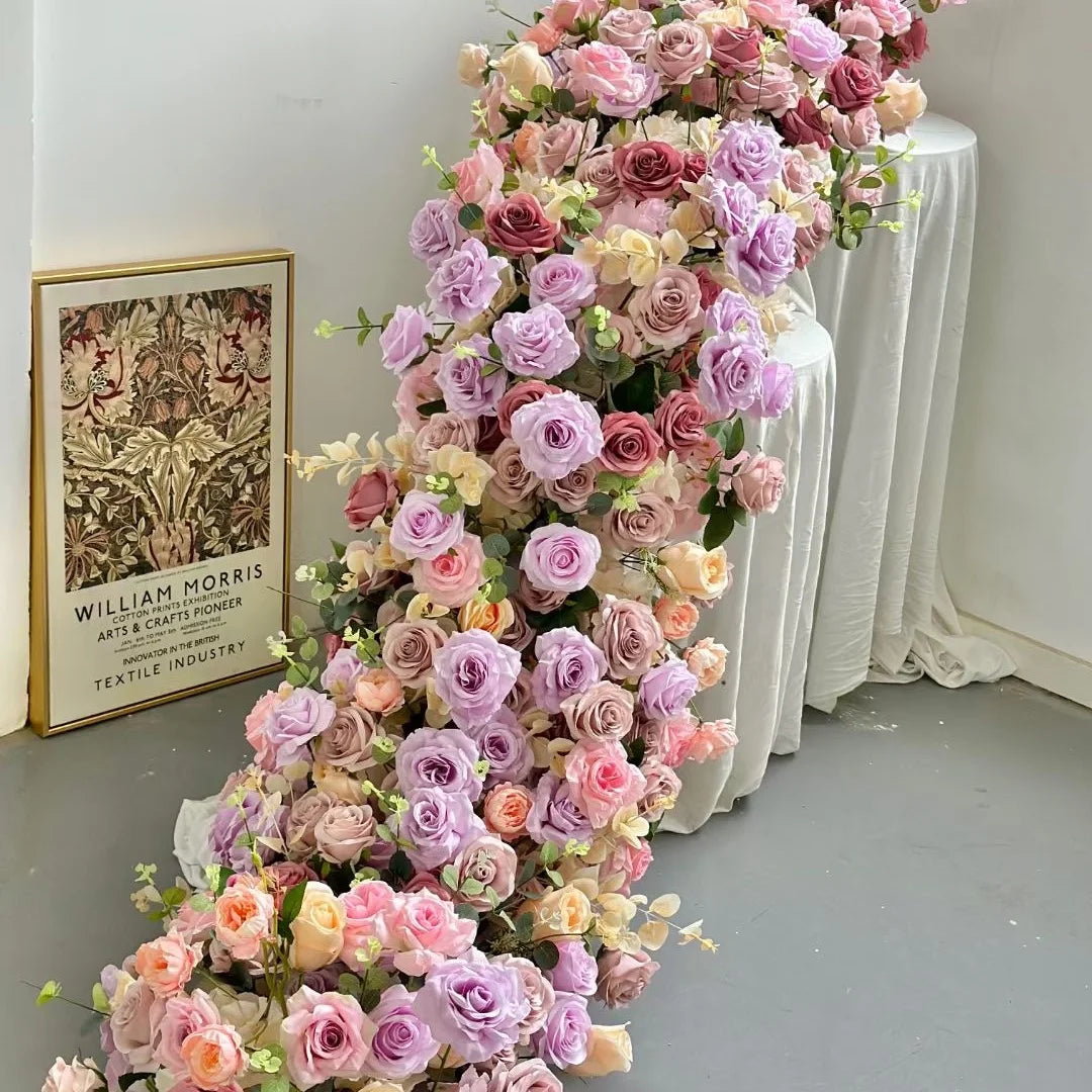 FR137 Luxury Flower Design 2M*40cm Long Table Runners Wedding Flower Aisle Runner Silk Flowers and Plants