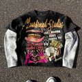 OEM Double Layer Cotton Tshirt Custom Digital Print Acid Wash Street Style O Neck Collar Rhinestone Long Sleeve T-Shirt