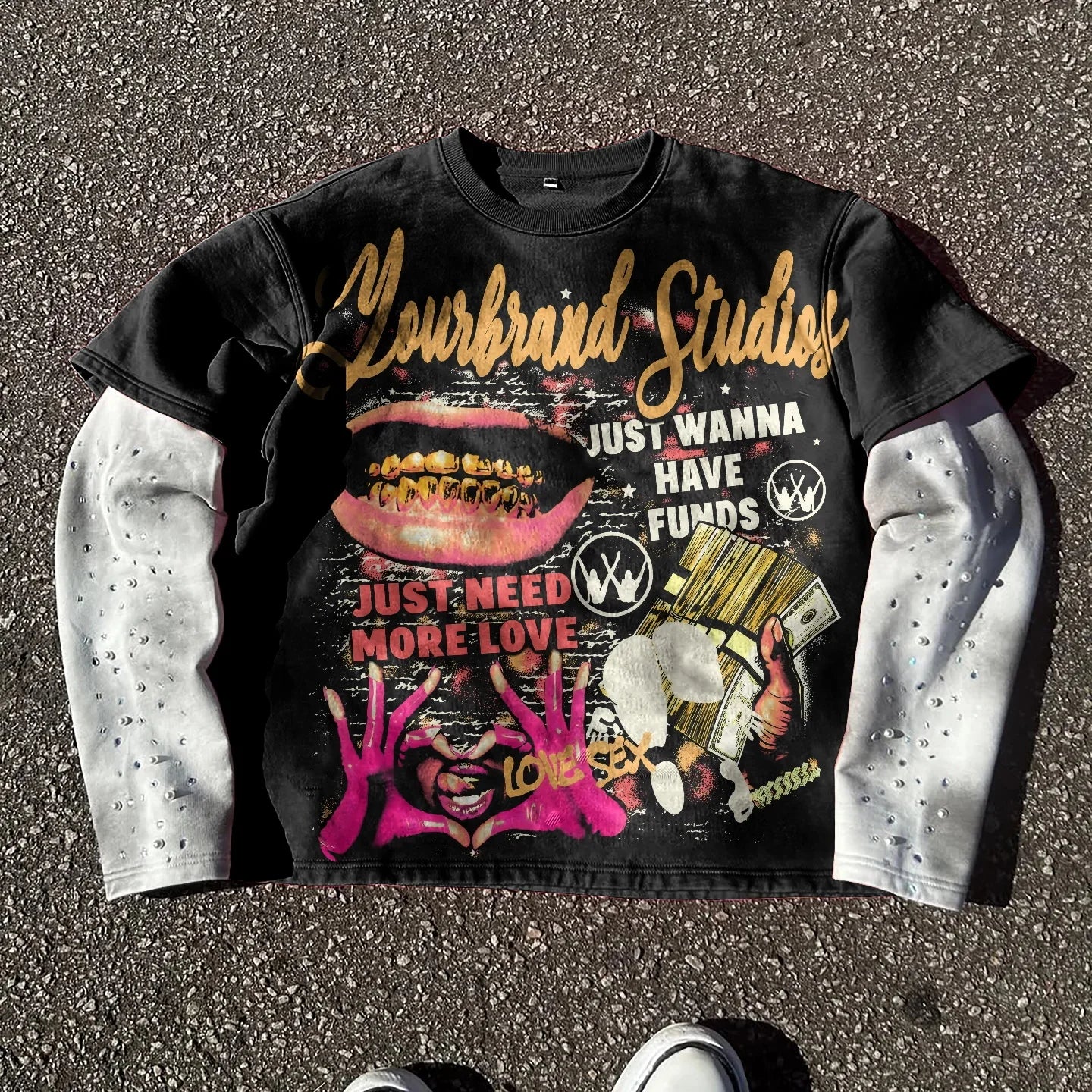 OEM Double Layer Cotton Tshirt Custom Digital Print Acid Wash Street Style O Neck Collar Rhinestone Long Sleeve T-Shirt