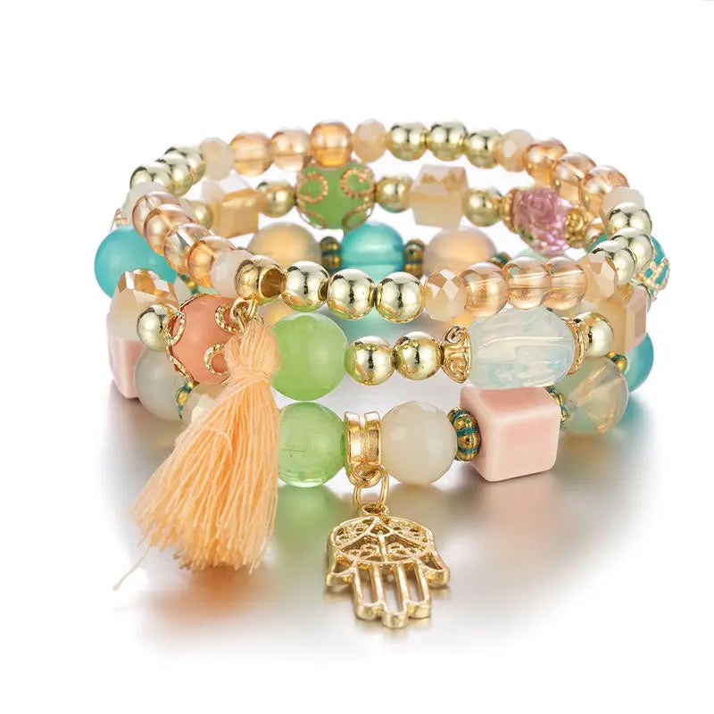 Bohemian Style Multi-Layer Tassel Bracelet Set Gold Plated Metal Palm Charm with Different Beads Pendant