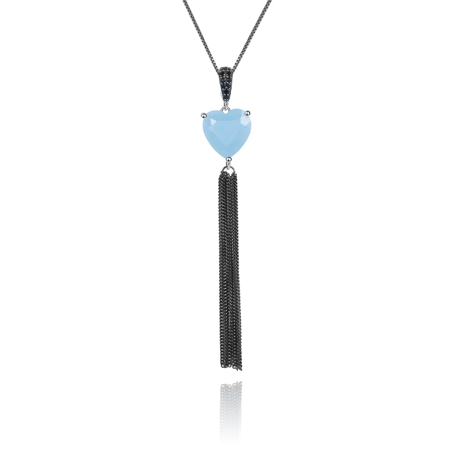 Abiding Natural Aqua-Blue Calcedony Stone 925 Sterling Silver Tassel Heart Shaped Pendant Necklace Jewelry for Women Wedding