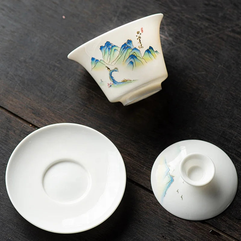 Ceramic Suet Jade Cup Customized Logo Business Gift Tea Cup Chinese Style Gaiwan Tea Cup Set With Gift Box MegaBDM