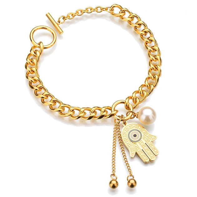 SSeeSY High Quality Pulsera 2024 Fashion Jewelry Hot New Gold Plated Fatima Hands Ladies Natural Pearl Stainless Steel Bracelet