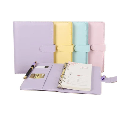 8 Color Macaron High Quality A5 A6 PU Leather Budget Binder Journal Hardcover Loose-Leaf Rings Binder Notebook Diary Card Pocket