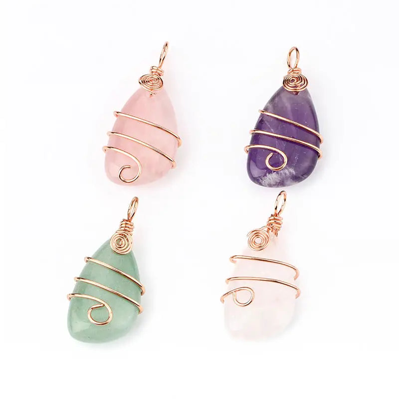 Copper Wire Wrap Irregular Bead Crystal Necklace Healing Pendant Charm for Men Women