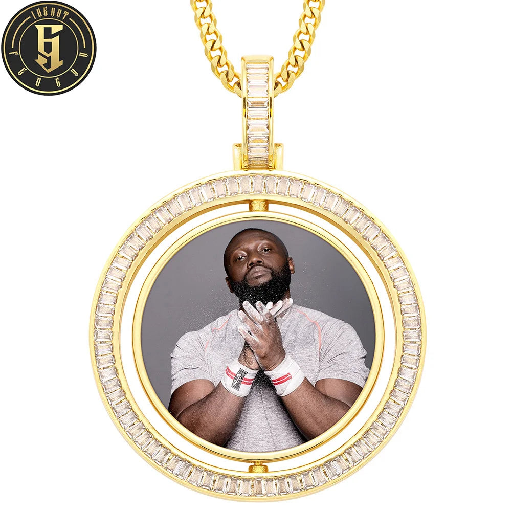 High Quality Iced Out Men Jewelry Brass Baguette Zircon CZ Two Side Photo Picture Pendant Hip Hop Rapper Jewelry