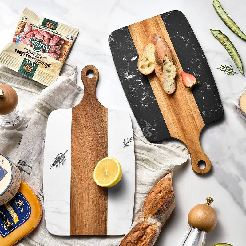 Factory Wholesale Acacia Wood Marble Chopping Serving Cheese Board White and Black Marble Cutting Board