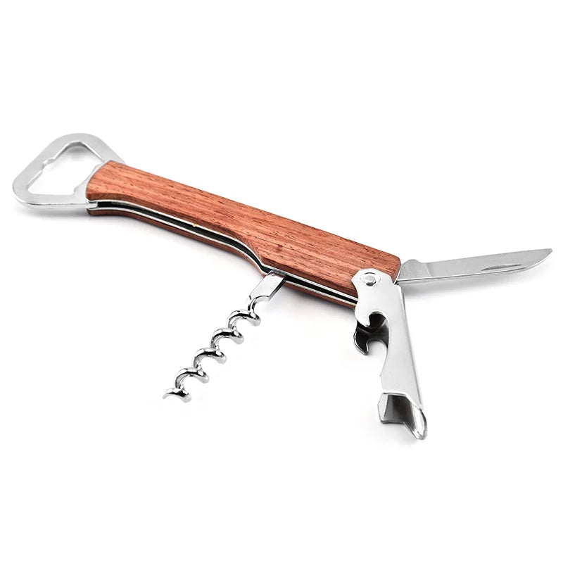 OEM LOGO Wooden Handle 4 in 1 Wine Bottle Opener Stainless Steel Corkscrew Beer Opener for European Bar Party Customize Brand