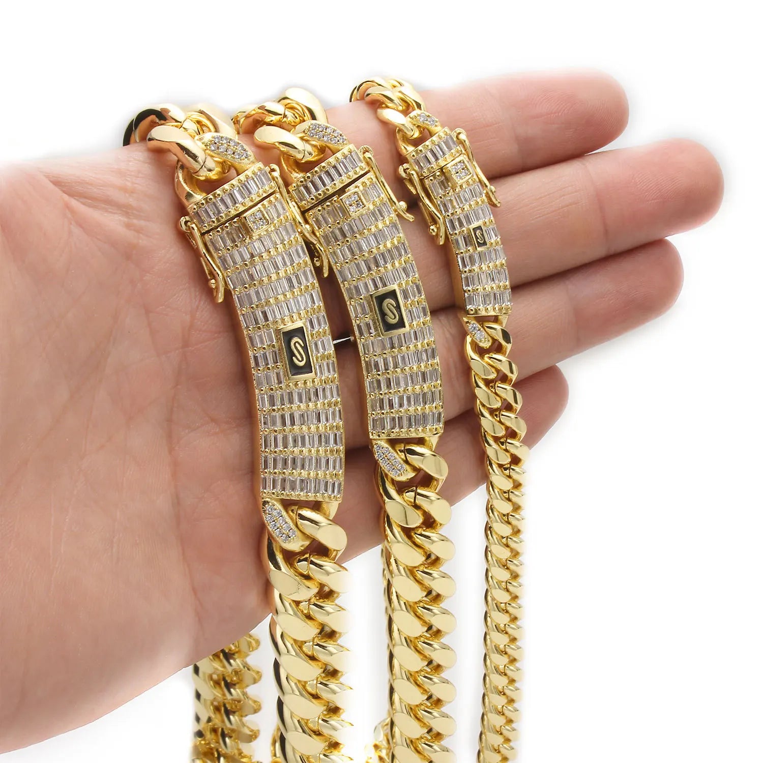 European and American Cross-border Zircon Buckle Titanium Steel Stainless Steel Jewelry Cuba Chain Hip Hop Necklace 14k18k Gold
