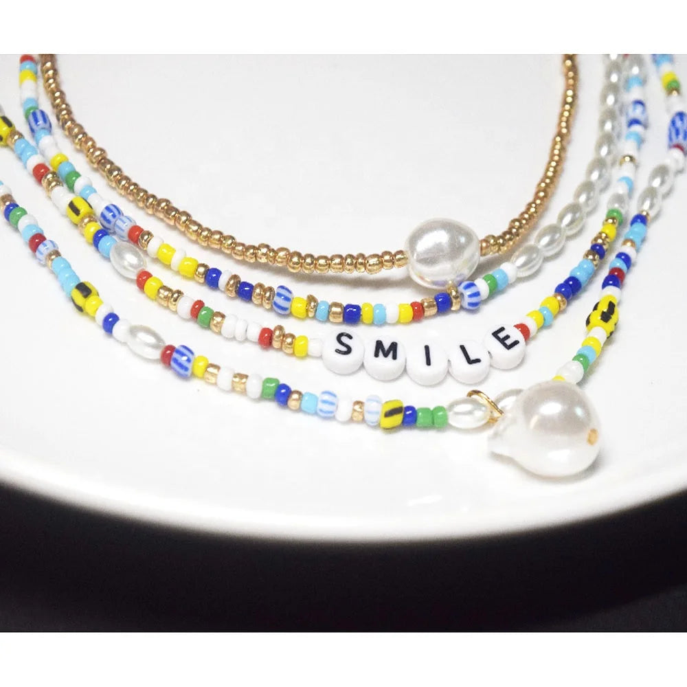 Handmade Colorful Bohemian Layers Glass Seed Beads Abs Pearl Beads Smile Letter Charm Layered Necklace Jewelry