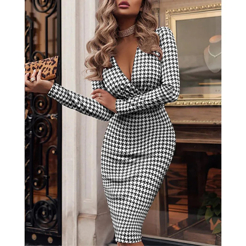 RNSHANGER Autumn Long Sleeve Bodycon Elegant Office Lady Dress Fashion Houndstooth Print Sexy V-neck Slim Pencil Dresses