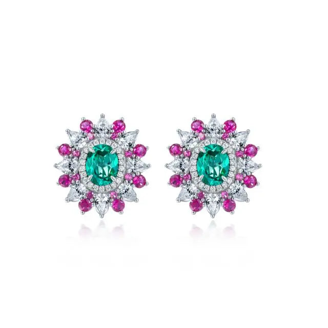 Luxury 925 Sterling Silver Stud Earrings Multi-Color Cubic Zirconia Paraiba Tourmaline Gemstone Rhodium Engagement Wedding Gift