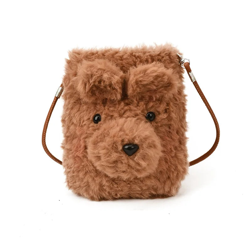 Cute Plush Dog Face Crossbody Bag - Soft Teddy Fleece Mini Purse for Women / Children