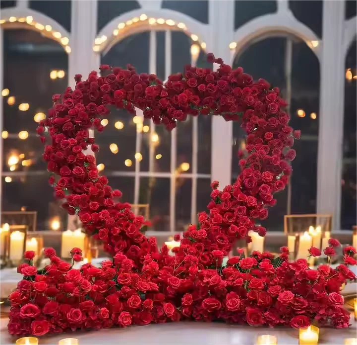 O-X838 Pink White Red 3D/5D Cloth Back Silk Proposal Heart Decor Valentine's Day Wedding Backdrops Heart Shaped Flowers Arch