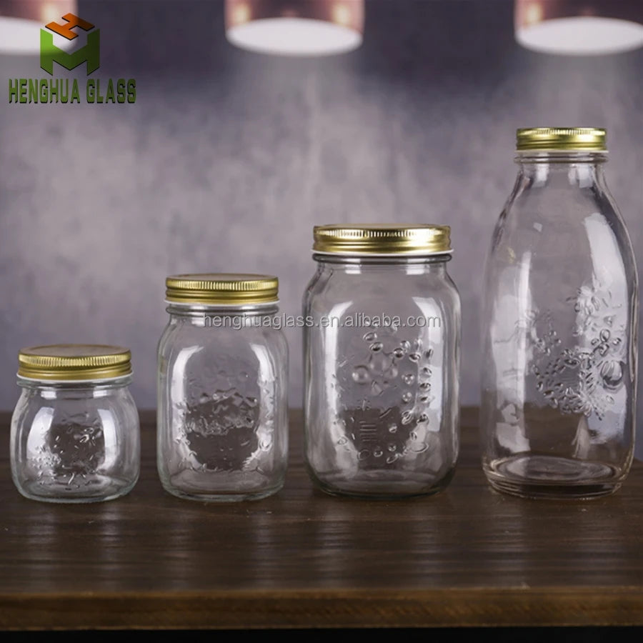 300ml 500ml 1000ml square Embossing Carving logo Glass Mason Jar 10oz 16oz 32oz Wide Mouth Food Glass Jars Container with Lid