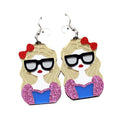 XIAOYAN ERS178HP045 Black Acrylic Cartoon Earrings Glittering Blond Hair Red Bow Cute Girl Dangle Design Free Trendy Wedding