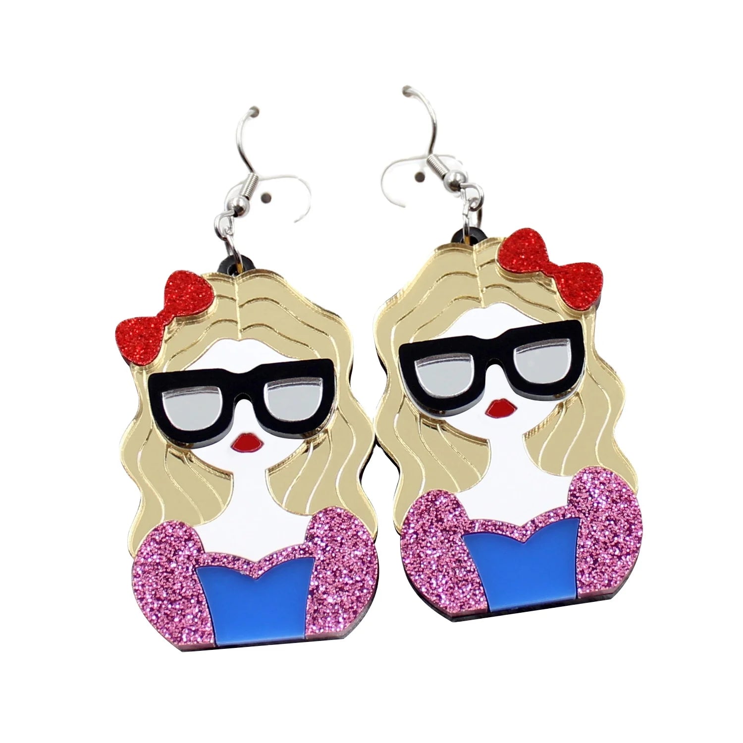 XIAOYAN ERS178HP045 Black Acrylic Cartoon Earrings Glittering Blond Hair Red Bow Cute Girl Dangle Design Free Trendy Wedding