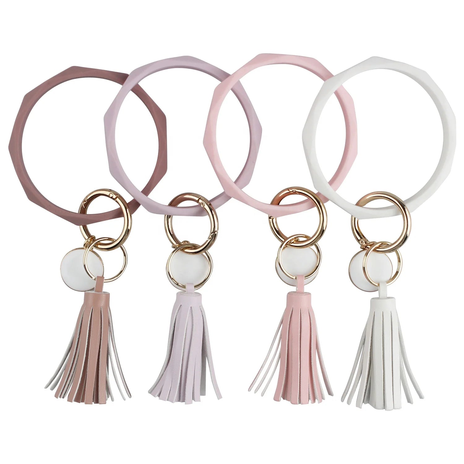 Hot Sell Diamond Bracelet Key Ring with White Charm Silicone Morandi Bangle with Tassel Key Chain for Women