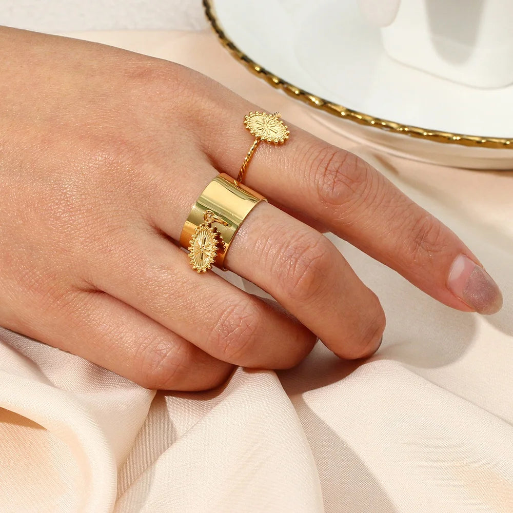Classical Engraved Oval Cross Charm Ring Gold Plated Stainless Steel Ring Jewelry Set