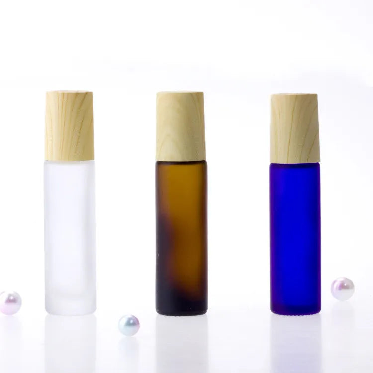 10ml Frosted White/blue/amber Glass Roller Ball Perfume/essential Oil Bottle With Wood Grain Cap