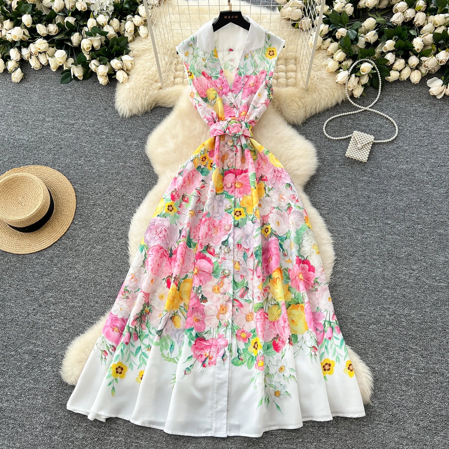 LW0701 2025 Spring New Elegant Suit Collar Sleeveless Waist Single-Breasted Printed European Style Long Dress Printed Dress