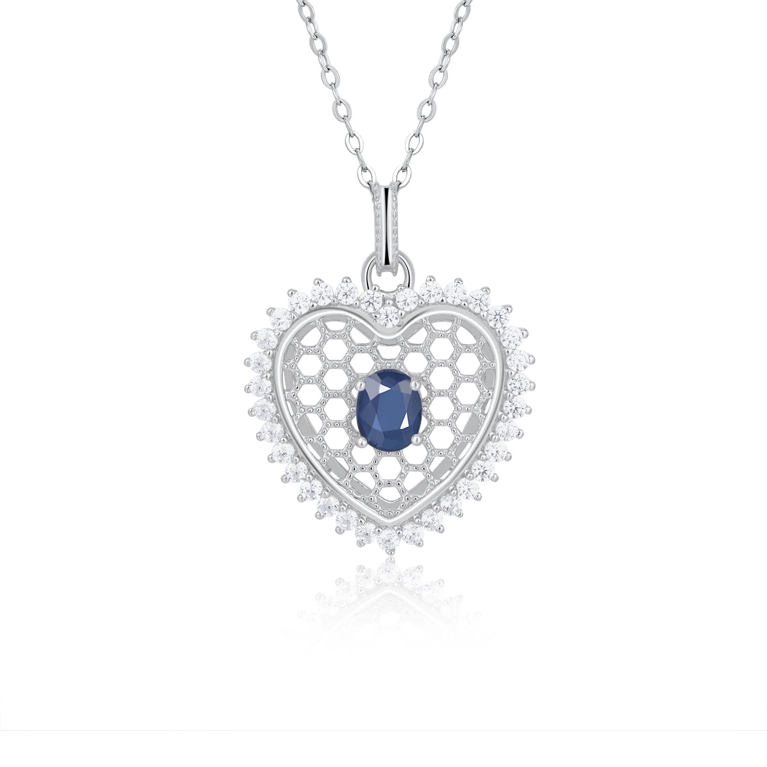 YBO Fashion 925 Sterling Silver Dainty Necklaces Hollow Out Heart Pendant With Natural Blue Sapphire Trendy Bulk for Weddings