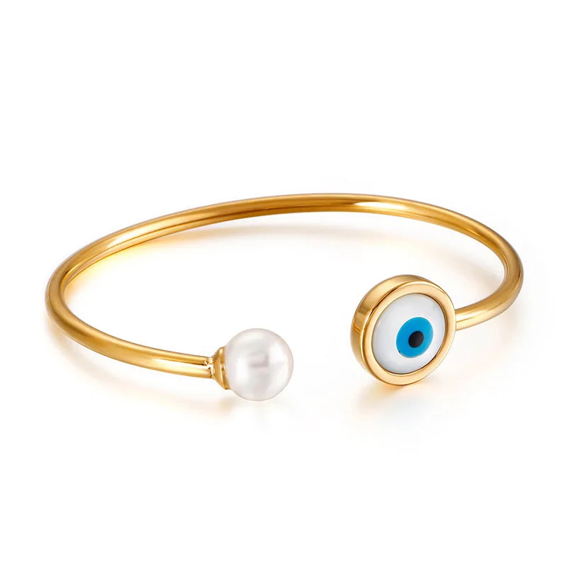 Women's Fashion Stainless Steel Cuff Bracelet Gold Plated Evil Eye Pearl Bangle Wholesale Jewelry