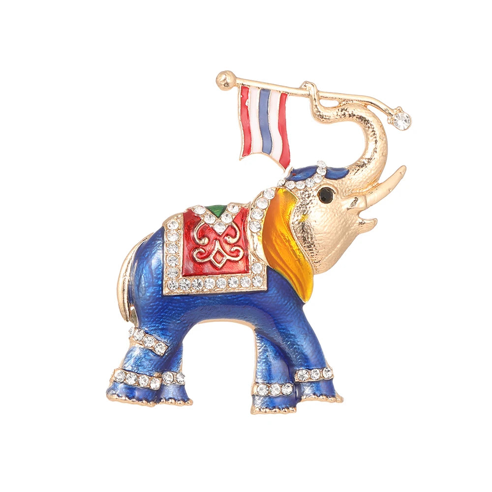 Vintage Gold Plated Rhinestone Elephant Metal Lapel Pin Colorful Enamel Flag of Thailand Elephant Brooch Jewelry for Gift