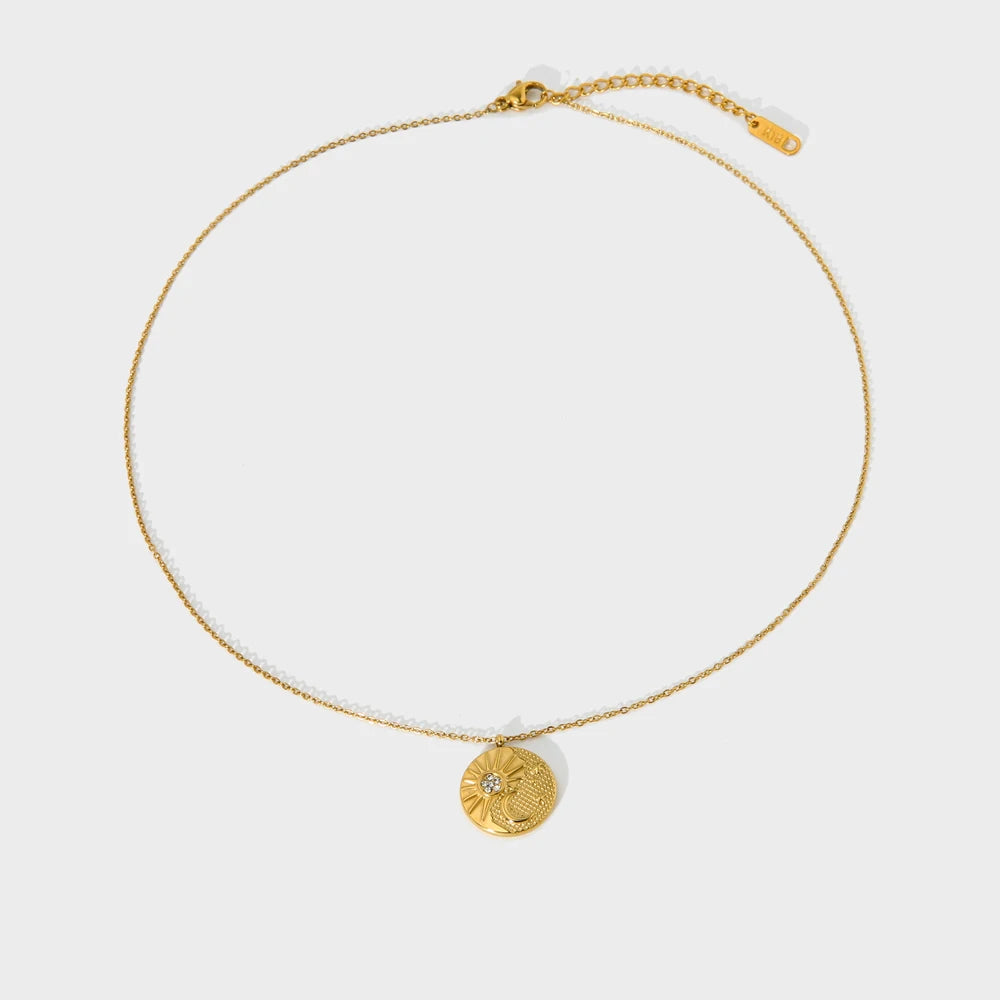 Tarnish Free 18K Gold Plated Stainless Steel Trendy Relief Sun Moon Paved Stone Round Pendant Necklace Twisted Singapore Chain