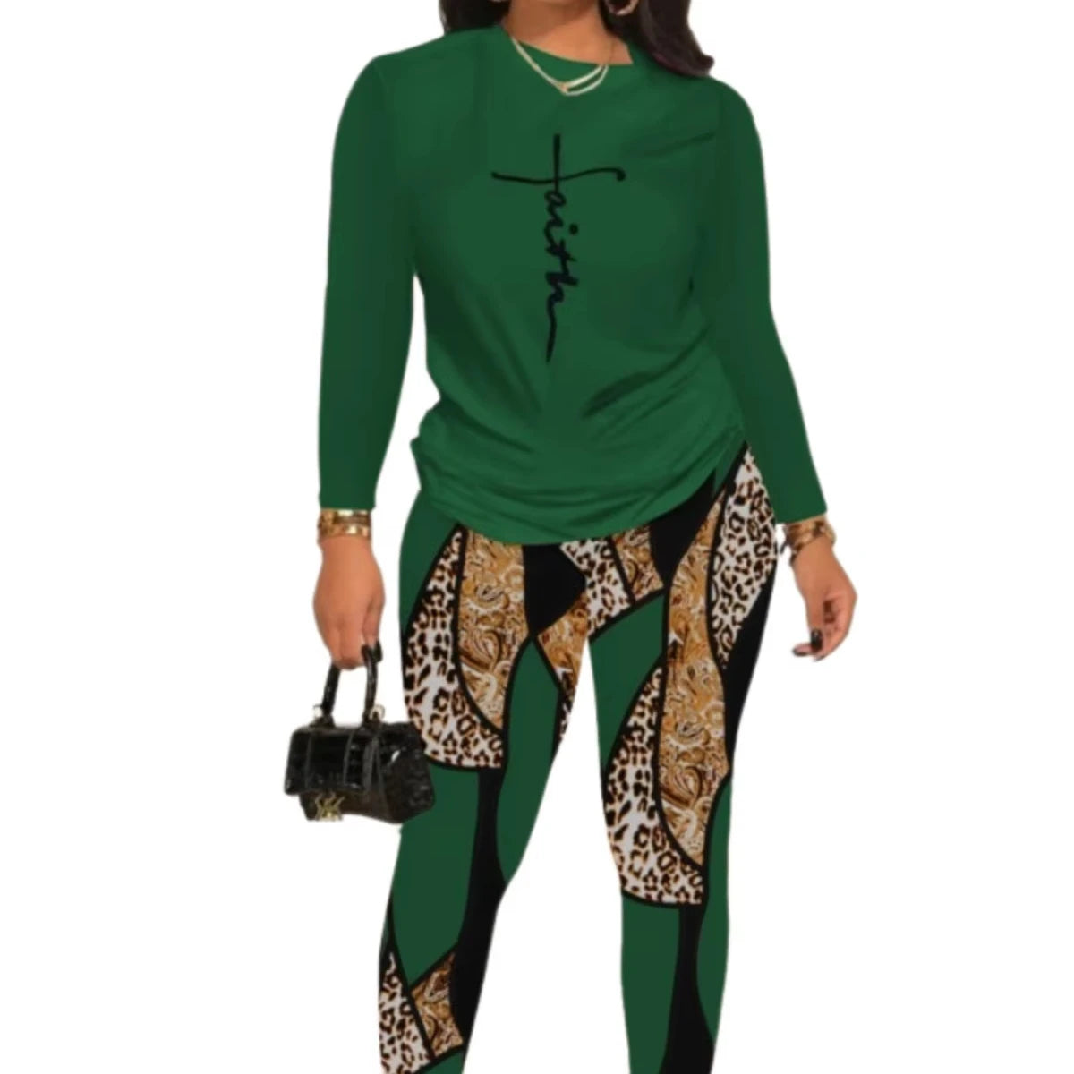 Fashion Women's  Stitching Leopard Print Pants Sports Long-sleeved Suit Casual Women's 2 Piece TracksuitClothing