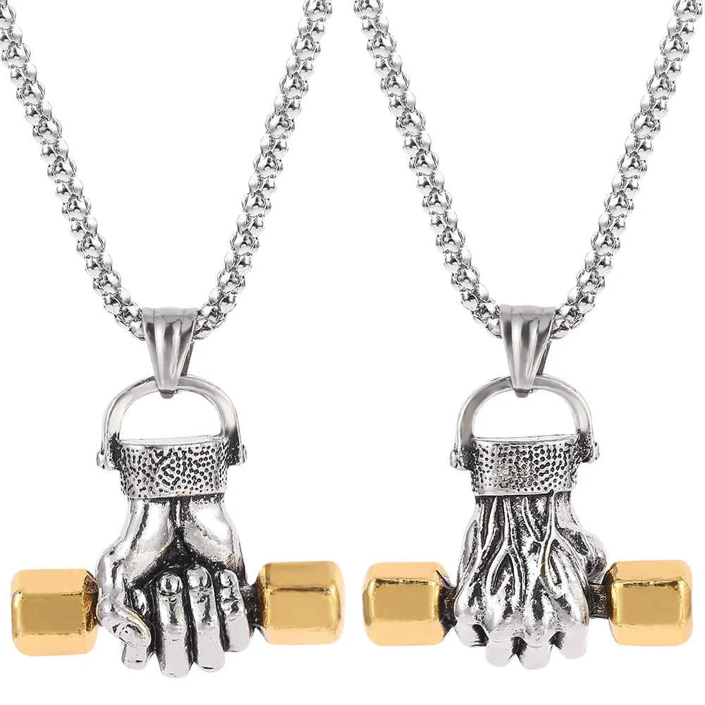 2022 Fashion Men Jewelry Fist Dumbbell Pendant Necklace Silver Unique Design Casual Sporty Pendant Necklace  for Men