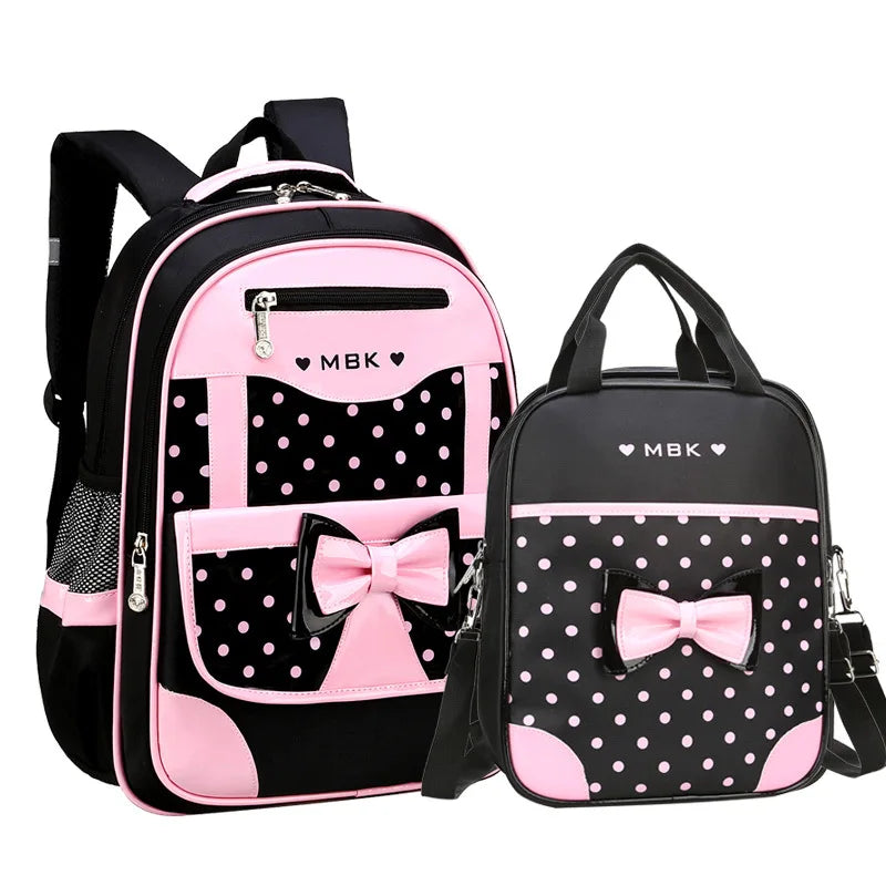 Fashion Cute Black Pink Bow School Large Capacity School Girls Wheeled Trolley Backpack
