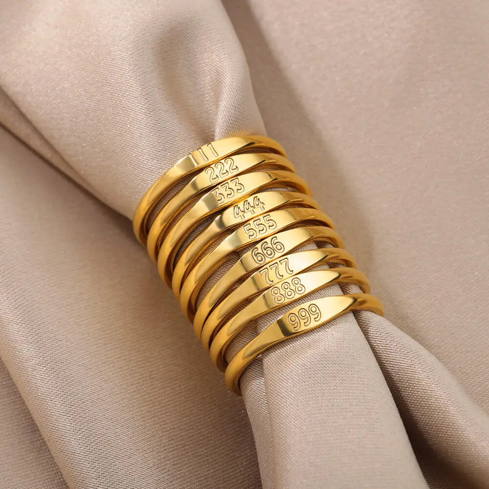 YF3405 High Quality Waterproof Jewelry Simple 18K Gold Plated Stainless Steel Engraved Tiny Angel Number Finger Ring