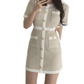 Korean Wool Knitted Dress Summer Elegant Black Slim Button Bodycon Mini Dress Casual Short Sleeve Slim Ladies Dress Knitting